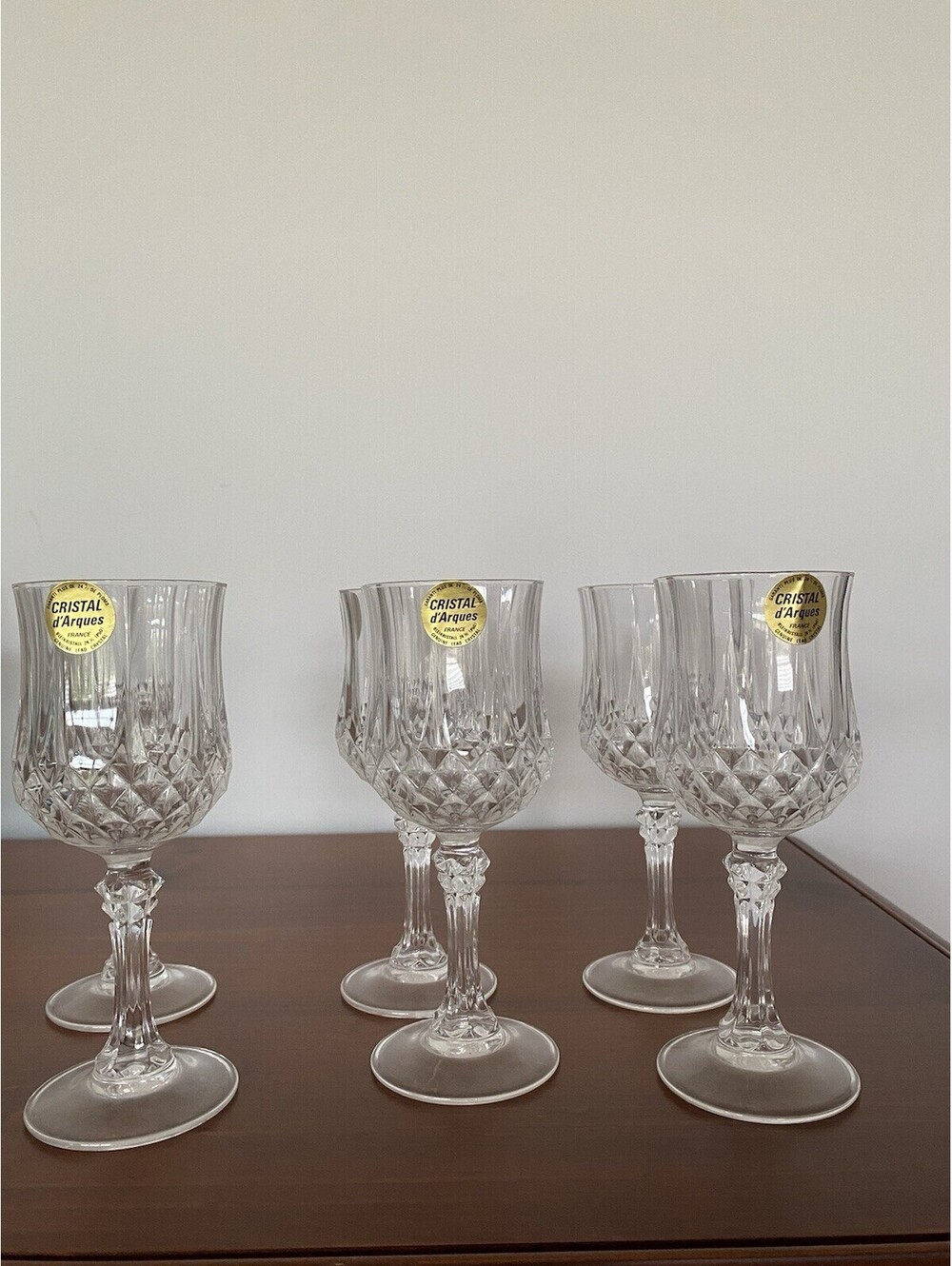 Six VTG 1970s Cristal d'Arques Longchamp Diamond Pattern Faceted Stem Wine Glass